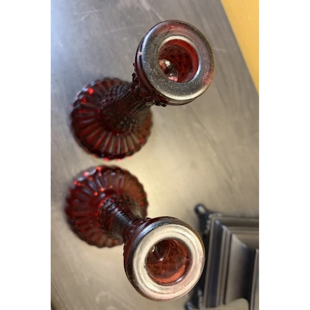 Pair of Ruby Red Pressed Glass Taper Textured Candlestick Holders , 8.5 In